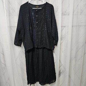Sacred Threads Black Floral Embroidered Peasant Blouse and Maxi Skirt Set M/L